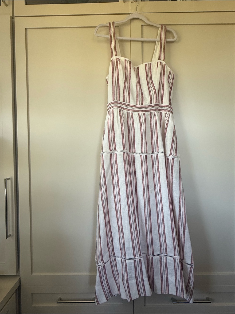 Reformation Striped Linen-Blend Maxi Dress - White & Burgundy - 12